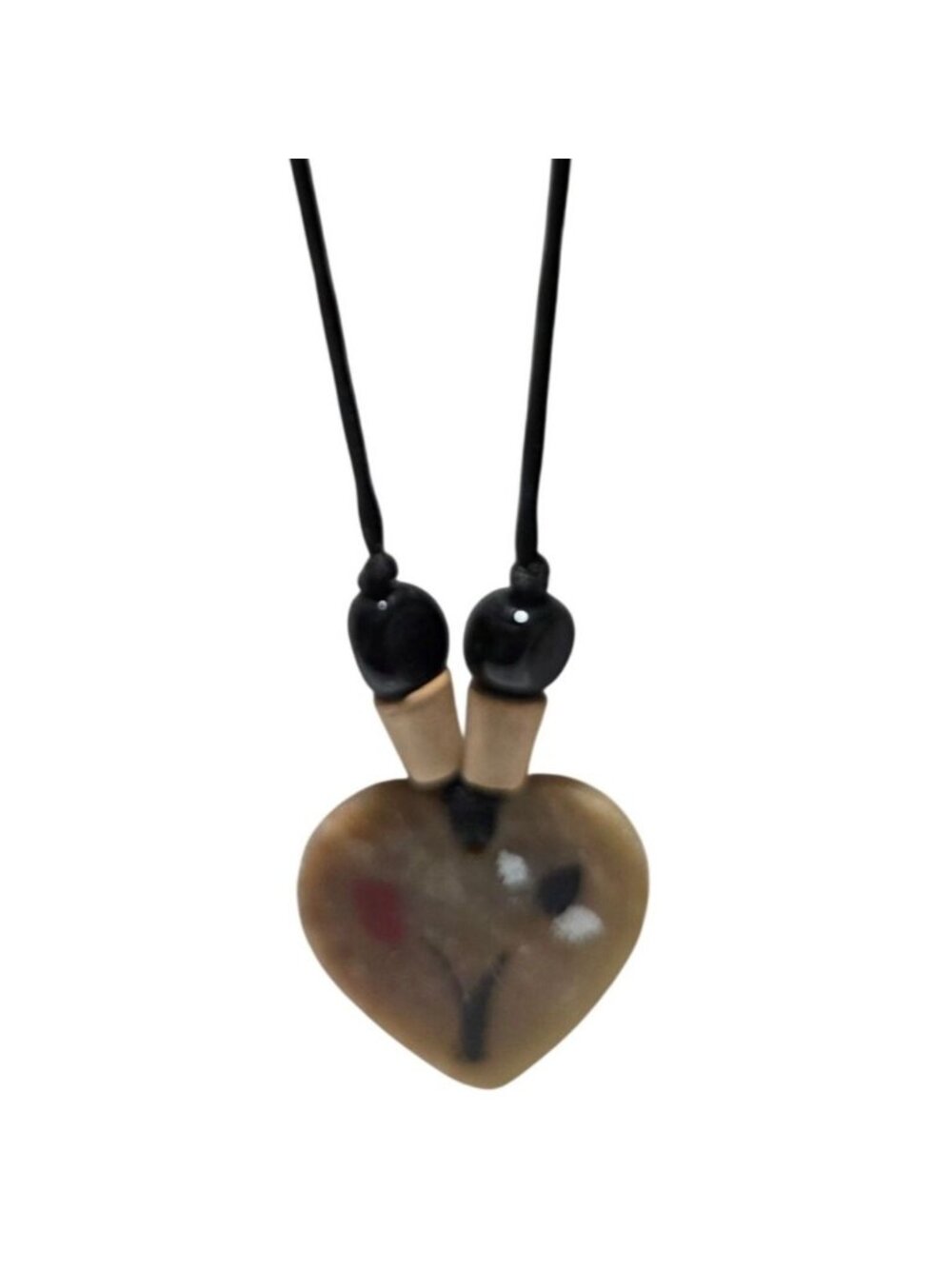 Handmade Artisan Heart Pendant Necklace Painted Design Black Cord Boho Jewelry